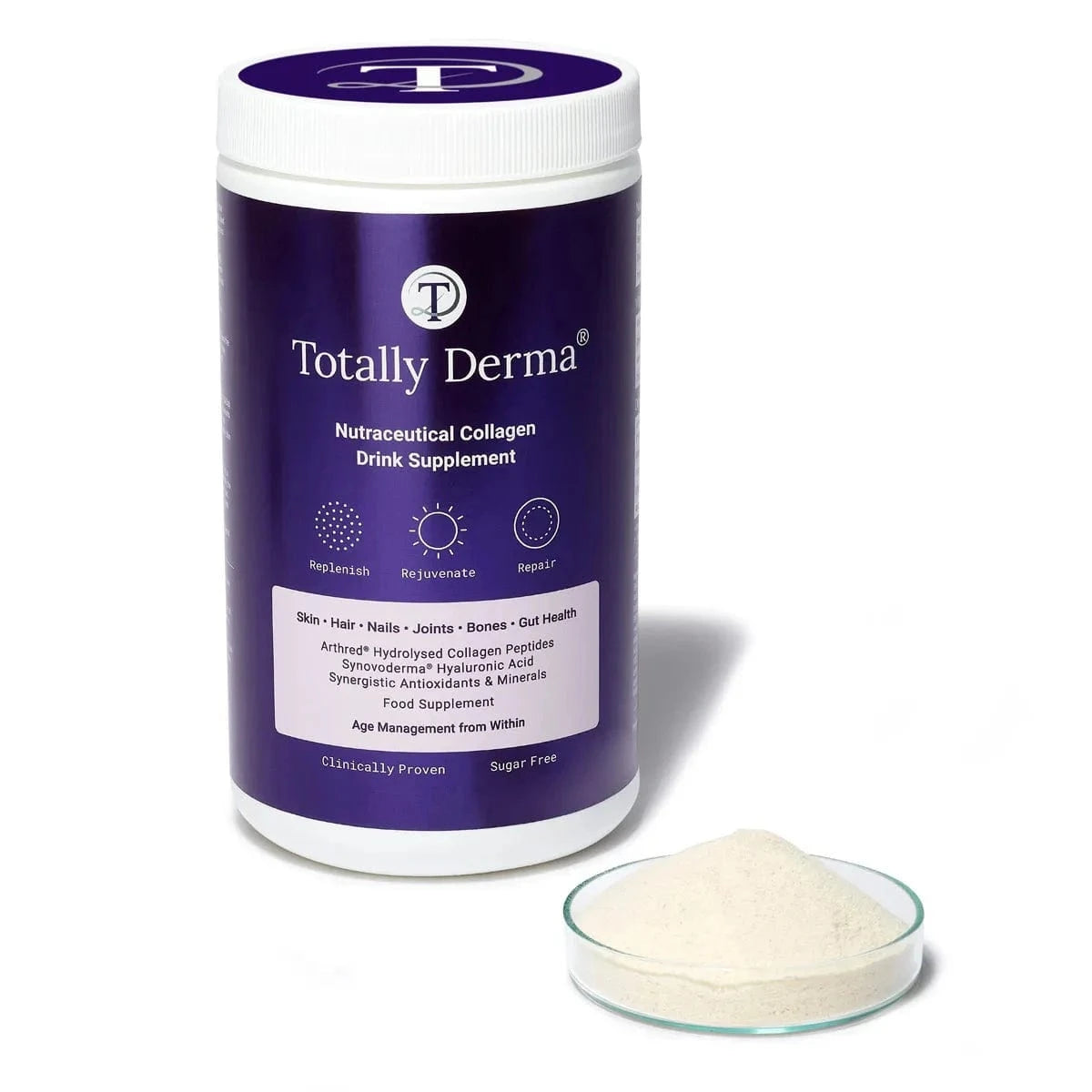 Totally Derma® 90 Days - Collagen for Radiant Skin supplement with a glass of mixed drink, ideal for skin hydration and joint health support.