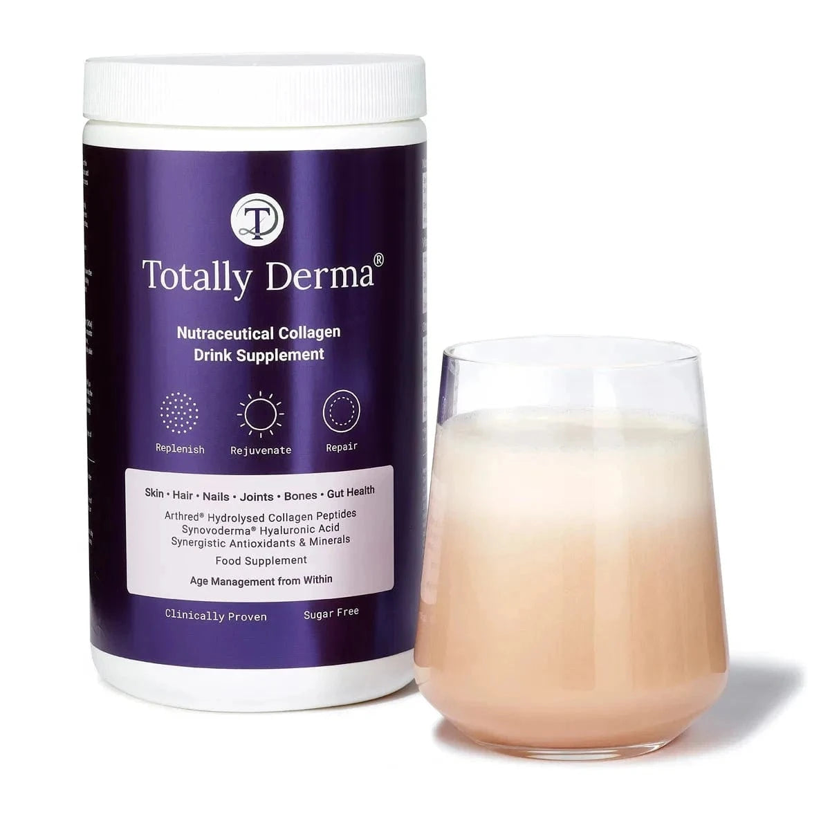 Totally Derma® 90 Days - Collagen for Radiant Skin supplement with a glass of mixed drink, ideal for skin hydration and joint health support.
