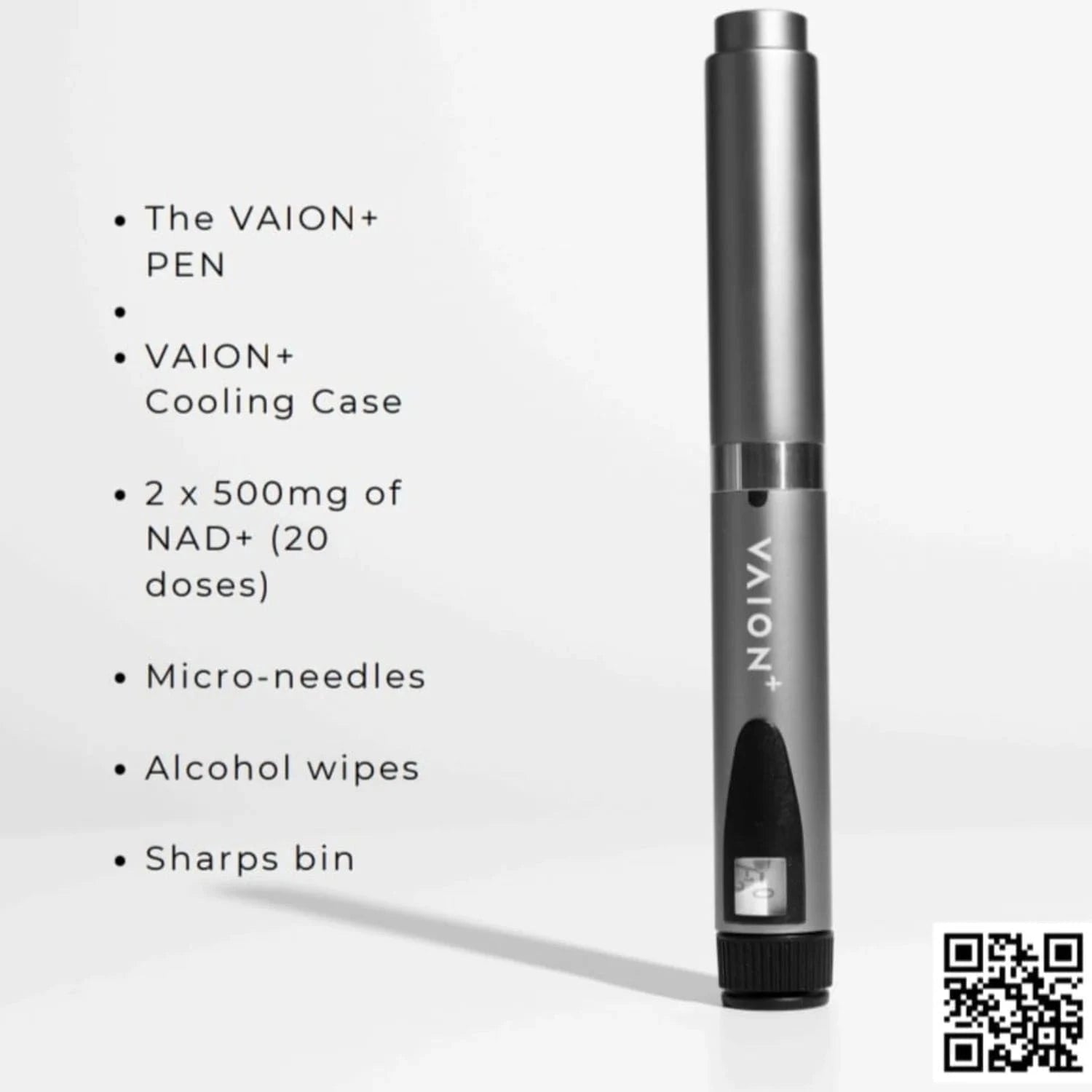 VAION+ NAD Pen - Cellular Wellness Solution | Boosts Energy. Sleek silver wellness pen held by hand, ideal for enhancing energy and focus.