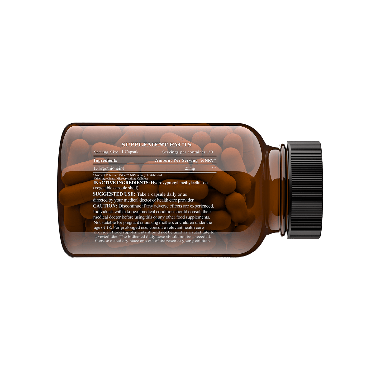 Charava Ergothioneine antioxidant supplement 25mg in amber bottle with black cap, supports longevity, vitality, and cellular health, 30 servings.