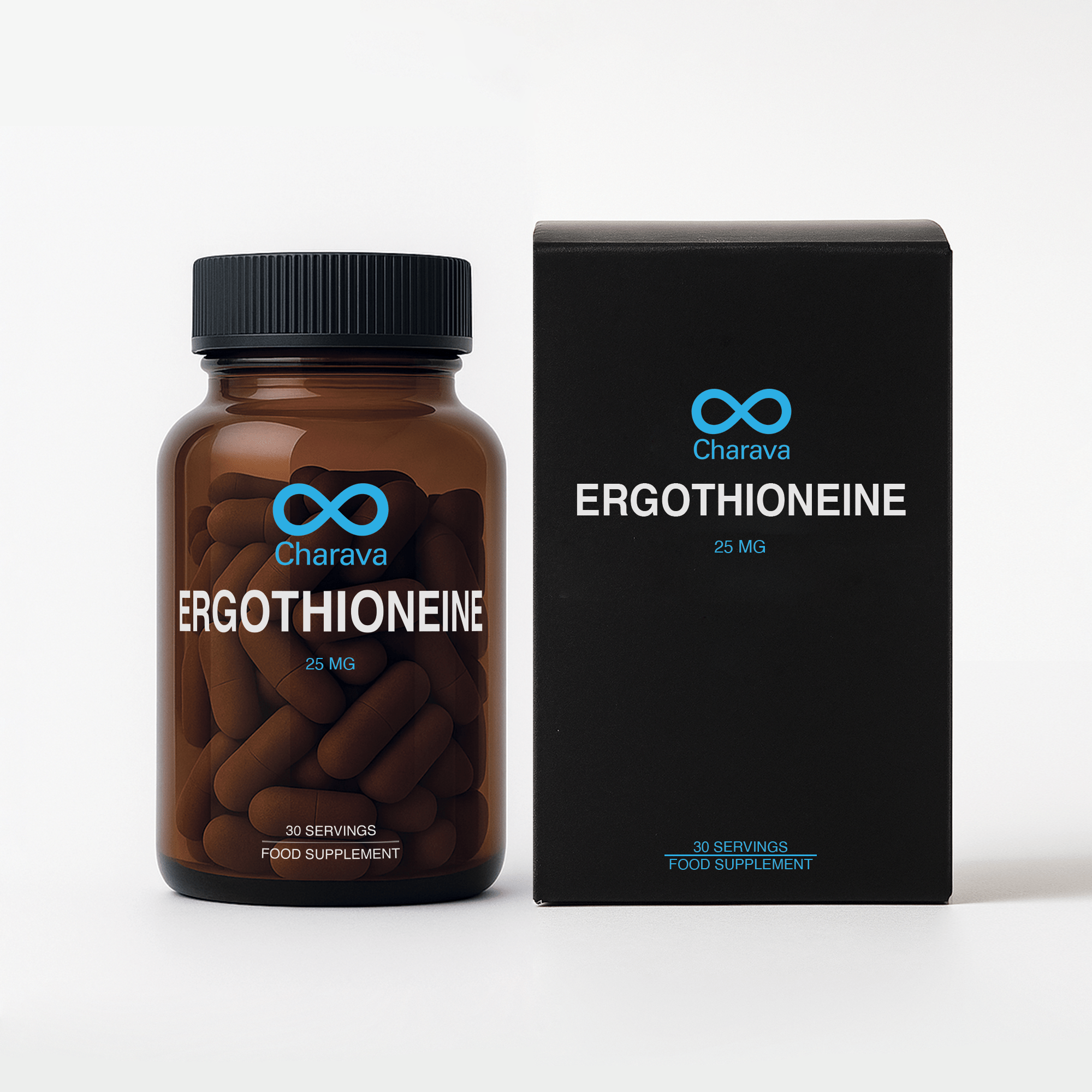 Charava Ergothioneine antioxidant supplement 25mg in amber bottle with black cap, supports longevity, vitality, and cellular health, 30 servings.
