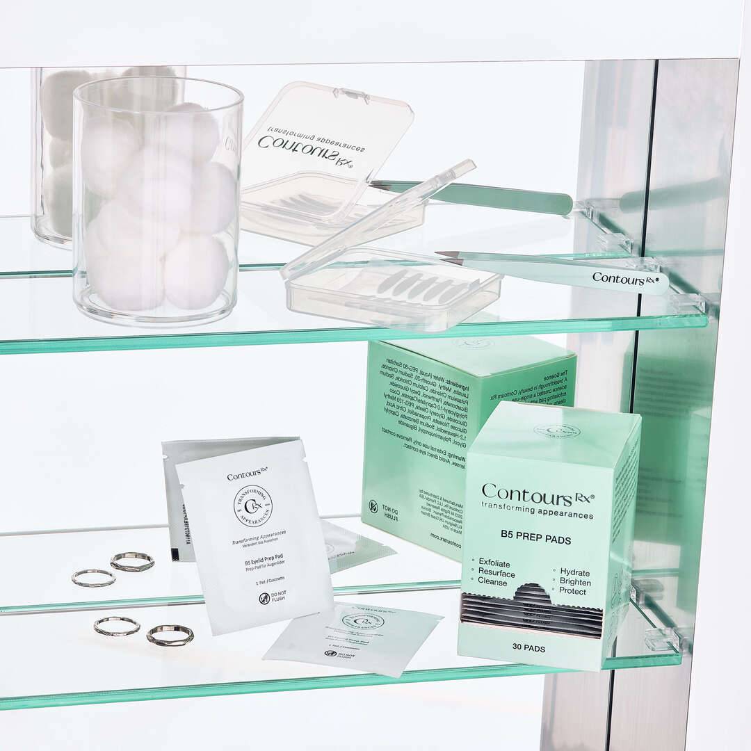 B5 Prep Pads Bundle displayed on a glass shelf with other skincare tools, ideal for professional or home medical skin care routines.