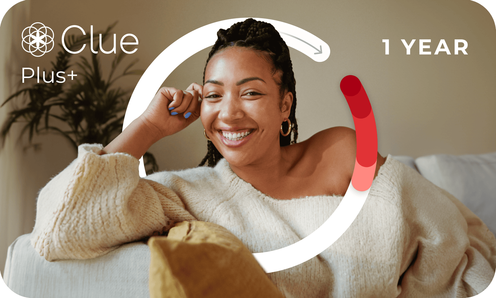 Clue Plus Subscription - 1 Year Access | Cycle Insights. Smiling woman relaxing on couch, representing premium cycle tracking and symptom insights.