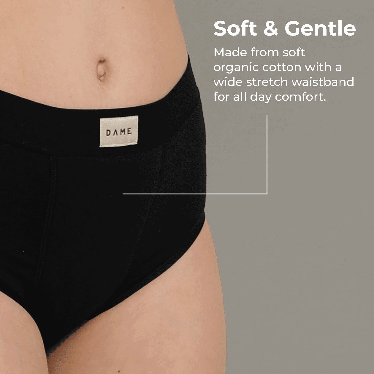 DAME Period Pant - High Waist Comfort in black, designed for heavy flow with absorbent organic cotton. Leak-proof fit for all-day freshness.