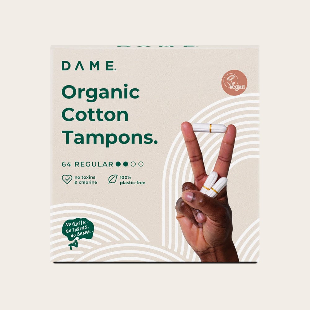 DAME Organic Tampons Value Pack with 64 regular cotton tampons, featuring plastic-free, toxin-free, and vegan-certified packaging design.