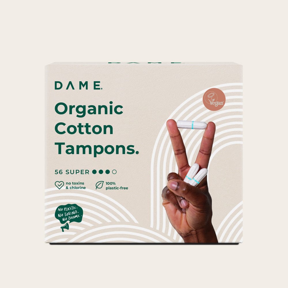 DAME Organic Tampons Value Pack with 64 regular cotton tampons, featuring plastic-free, toxin-free, and vegan-certified packaging design.