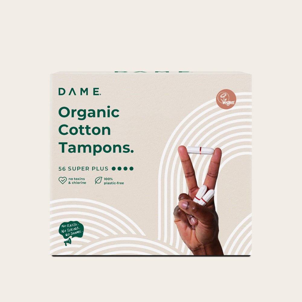 DAME Organic Tampons Value Pack with 64 regular cotton tampons, featuring plastic-free, toxin-free, and vegan-certified packaging design.