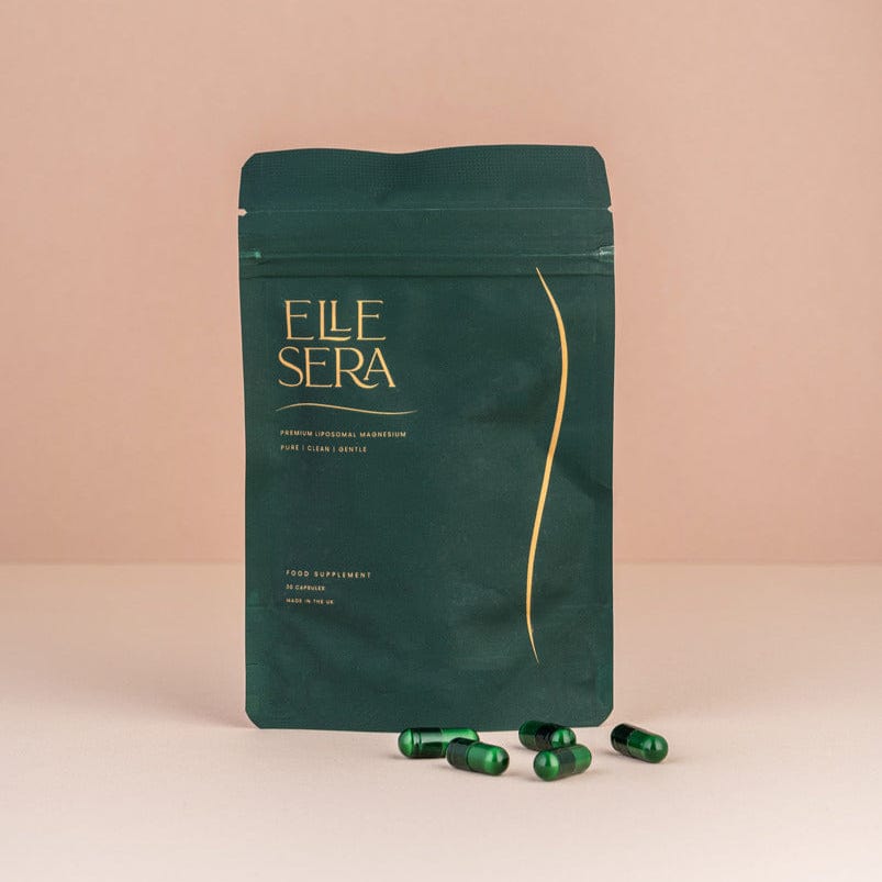 Elle Sera Magnesium Subscription pouch with green capsules, promoting calm, balance, and clarity through premium magnesium bisglycinate & P5P.
