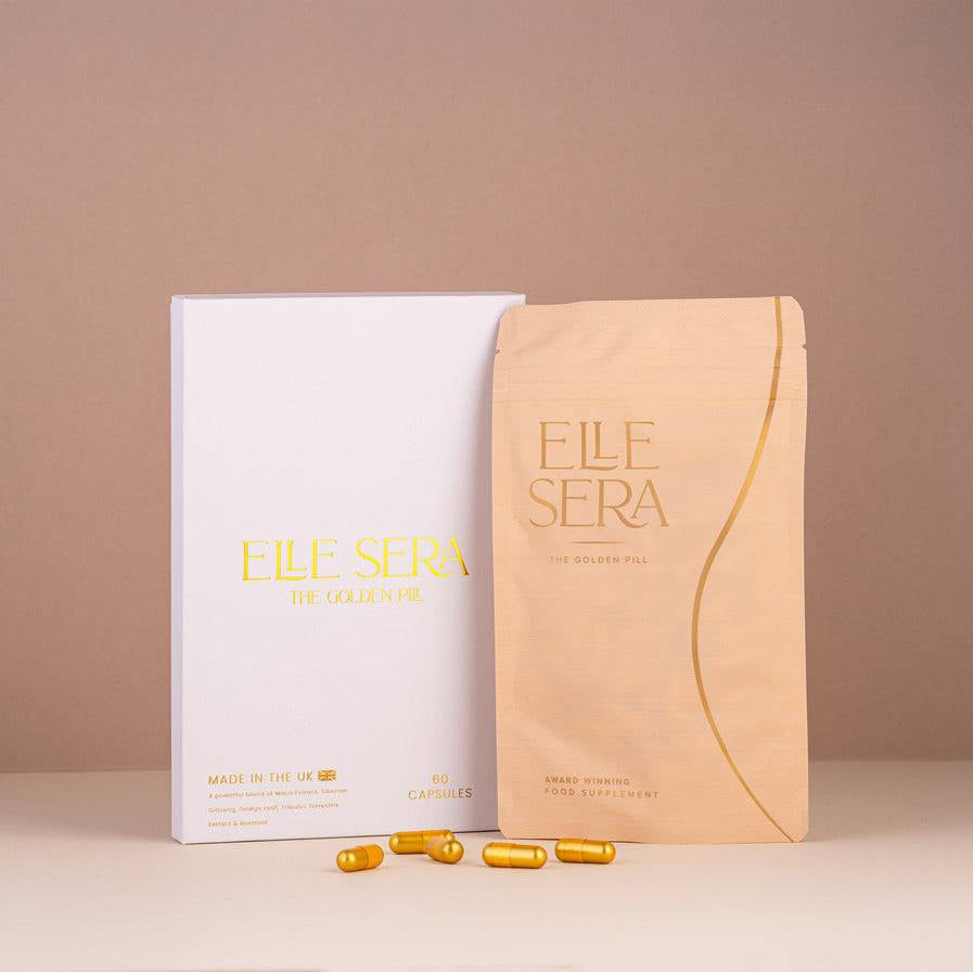 Golden Pill hormone support supplement by Elle Sera with 60 capsules, shown in premium peach pouch and white box packaging for women's vitality.