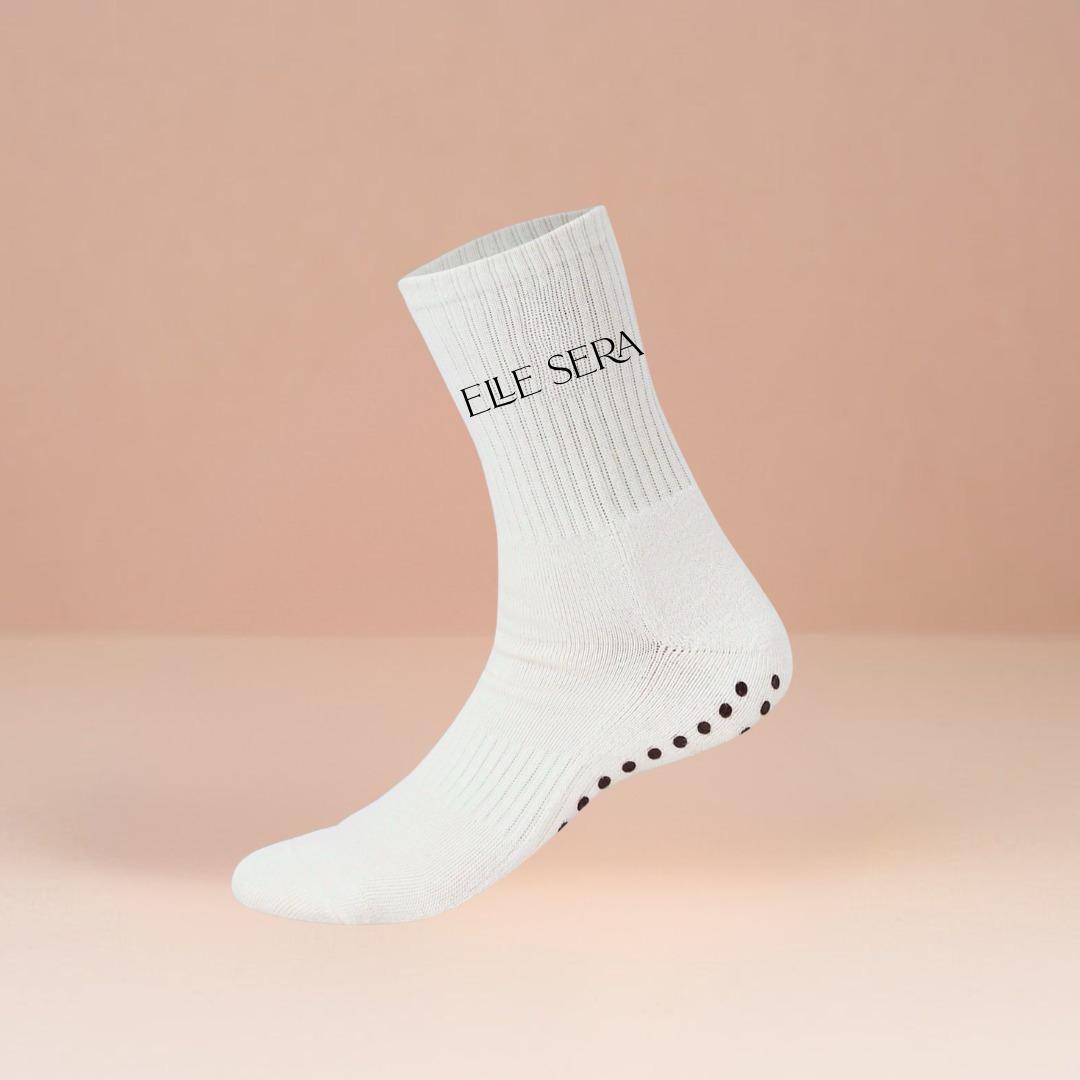 Elle Sera Pilates Socks in white with non-slip grip soles for enhanced stability. Ideal for yoga, barre, or reformer workouts with secure fit.