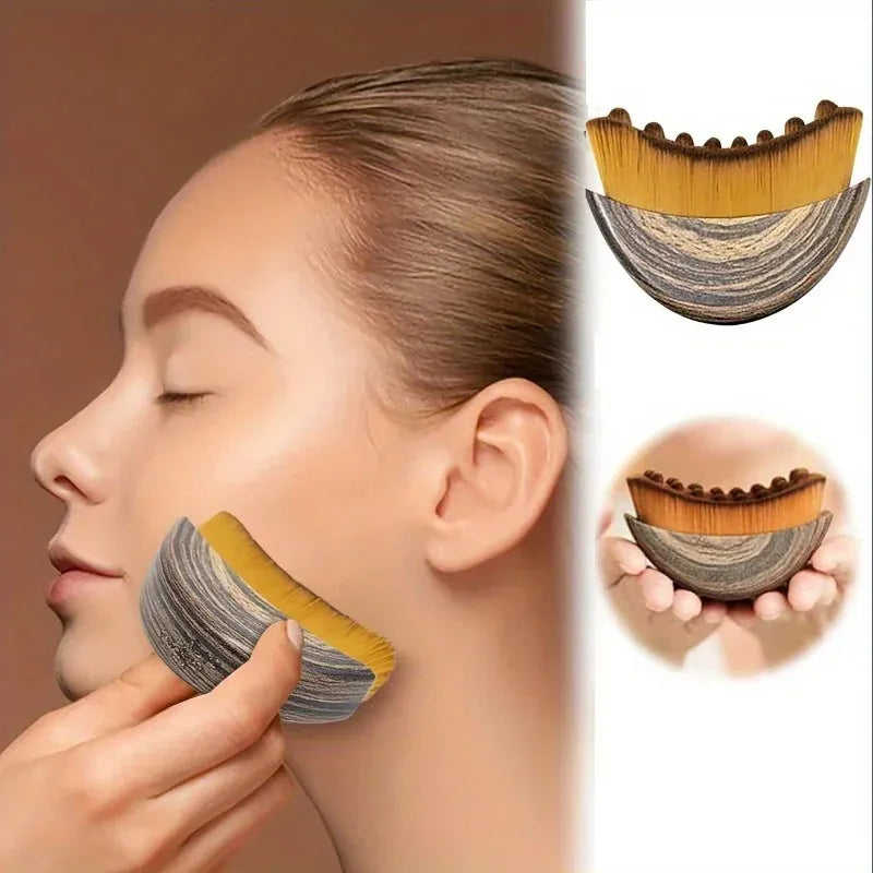 Facial Sculpting Brush for Precision used along jawline to enhance facial contouring; includes product detail and hand-held view.