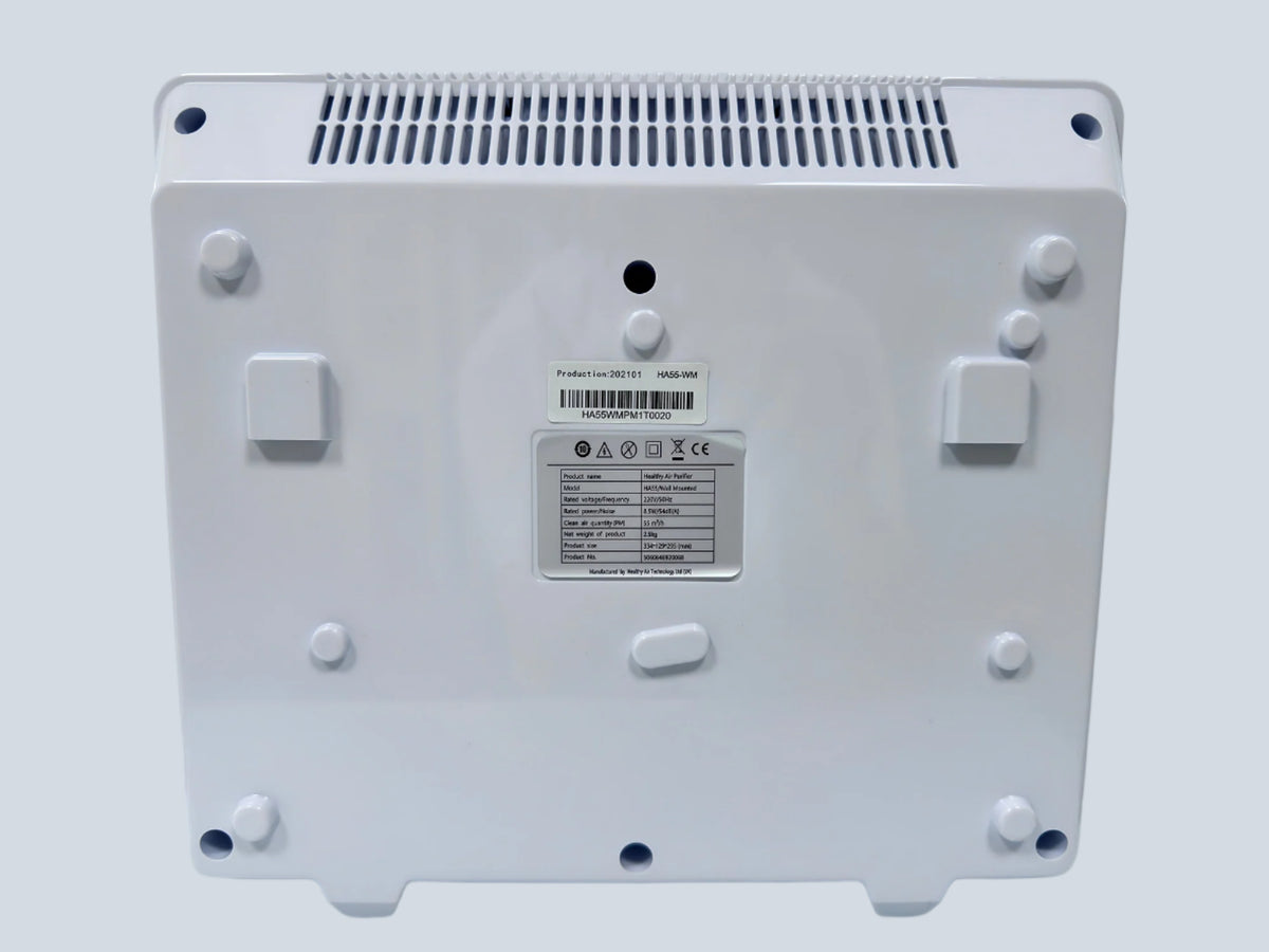 HA55-WM Air Purifier by Healthy Air Technology with wall-mounted compact design and LED control panel for clean air and allergy relief at home.