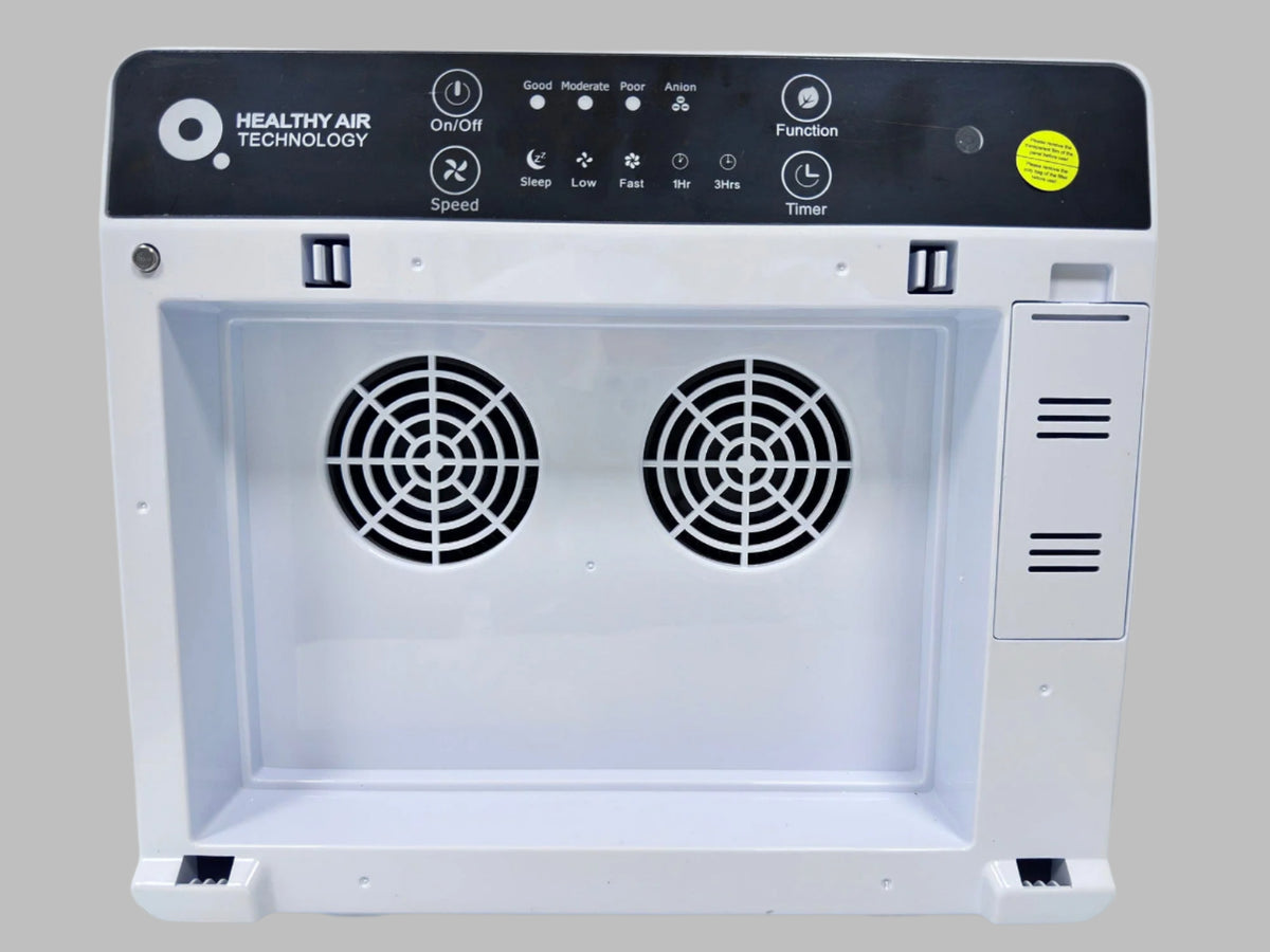 HA55-WM Air Purifier by Healthy Air Technology with wall-mounted compact design and LED control panel for clean air and allergy relief at home.