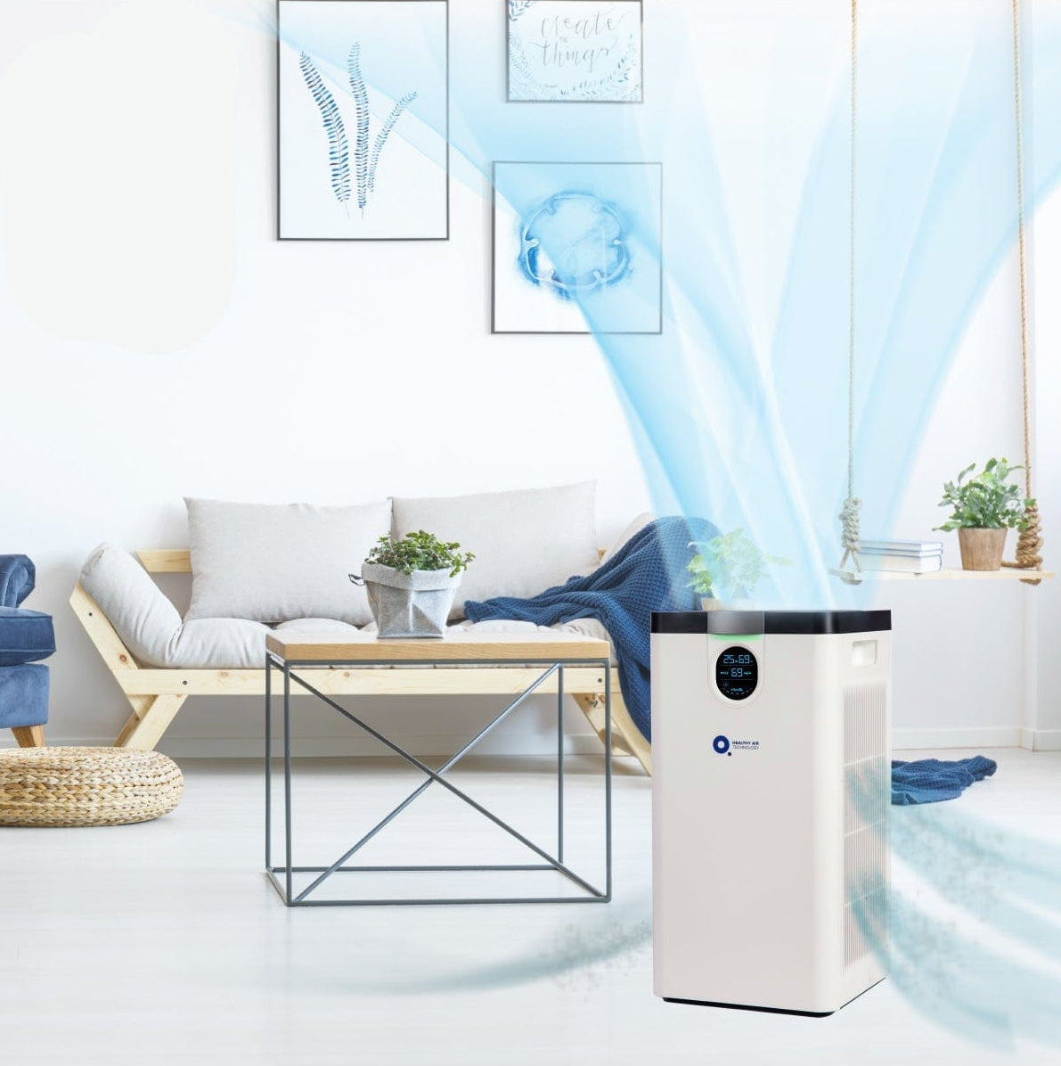 HA500 Smart Air Purifier HEPA with digital display showing temperature, humidity, and PM2.5 levels. Quiet, efficient air cleaner for home use.