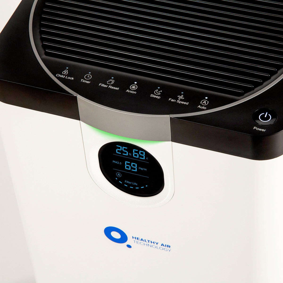 HA500 Smart Air Purifier HEPA with digital display showing temperature, humidity, and PM2.5 levels. Quiet, efficient air cleaner for home use.