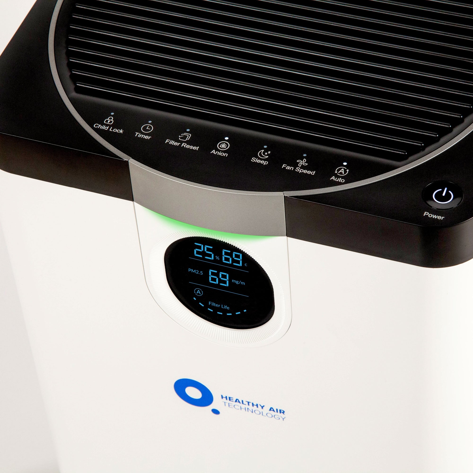 HA500 Smart Air Purifier HEPA with digital display showing temperature, humidity, and PM2.5 levels. Quiet, efficient air cleaner for home use.