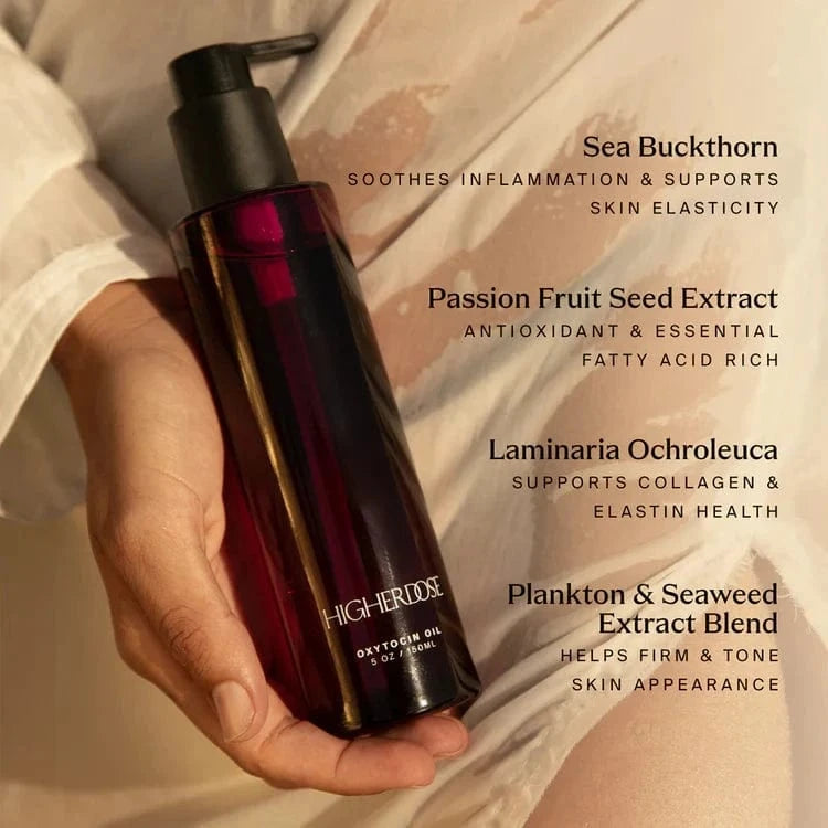 Top skin hydration with Oxytocin Hydrating Body Oil. Botanical extracts hydrate and tone for radiant skin, transforming everyday care into a ritual.