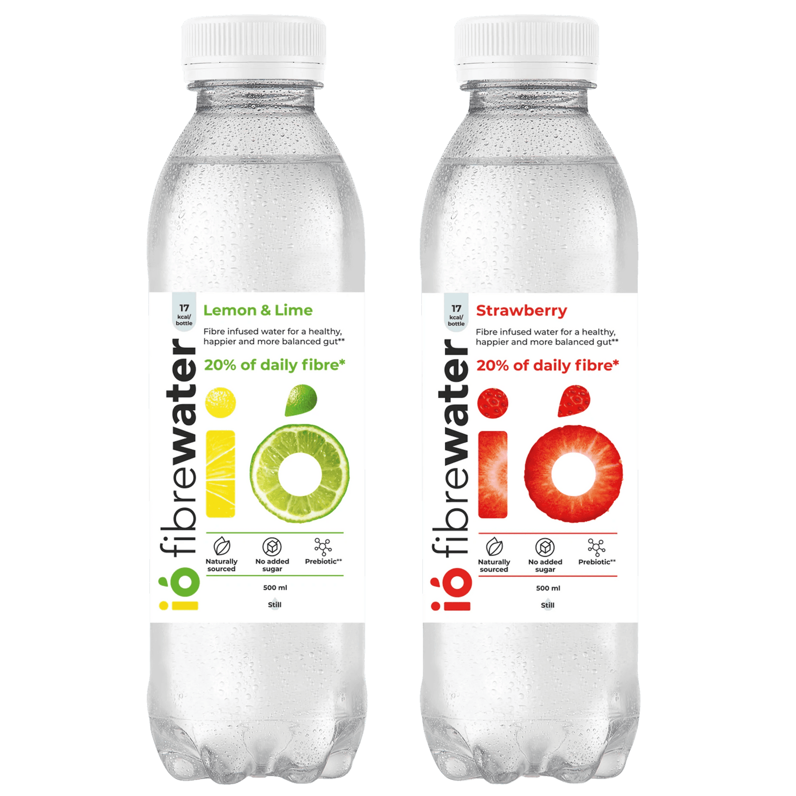 ió Fibrewater 12-Pack - 100% Daily Prebiotics in Lemon & Lime and Strawberry flavors. Vegan-friendly wellness drink for gut health support.