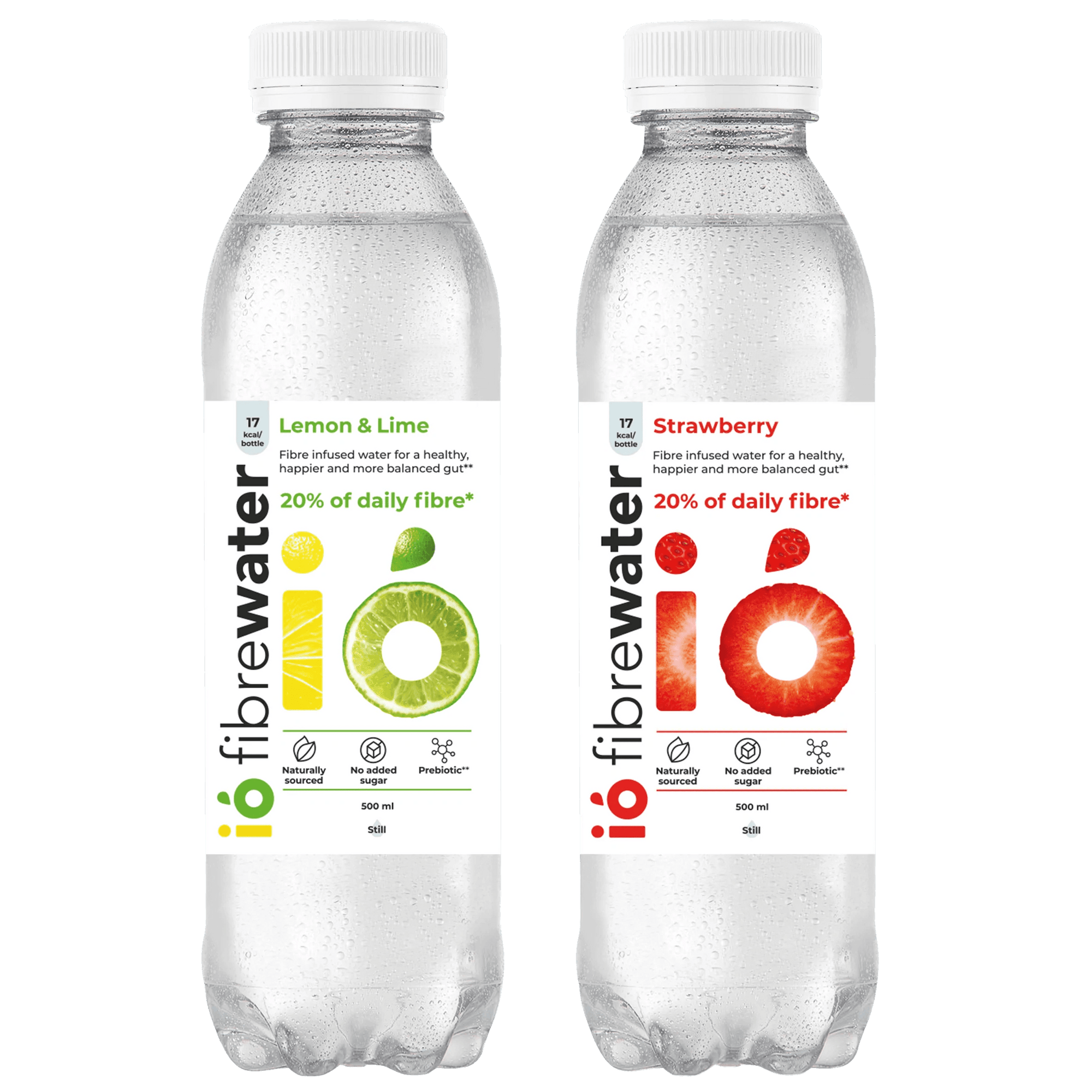 ió Fibrewater 12-Pack - 100% Daily Prebiotics in Lemon & Lime and Strawberry flavors. Vegan-friendly wellness drink for gut health support.