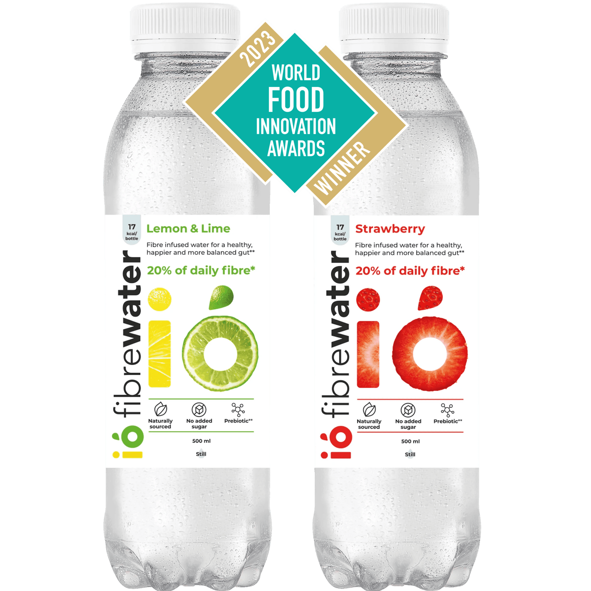 ió Fibrewater 12-Pack - 100% Daily Prebiotics in Lemon & Lime and Strawberry flavors. Vegan-friendly wellness drink for gut health support.