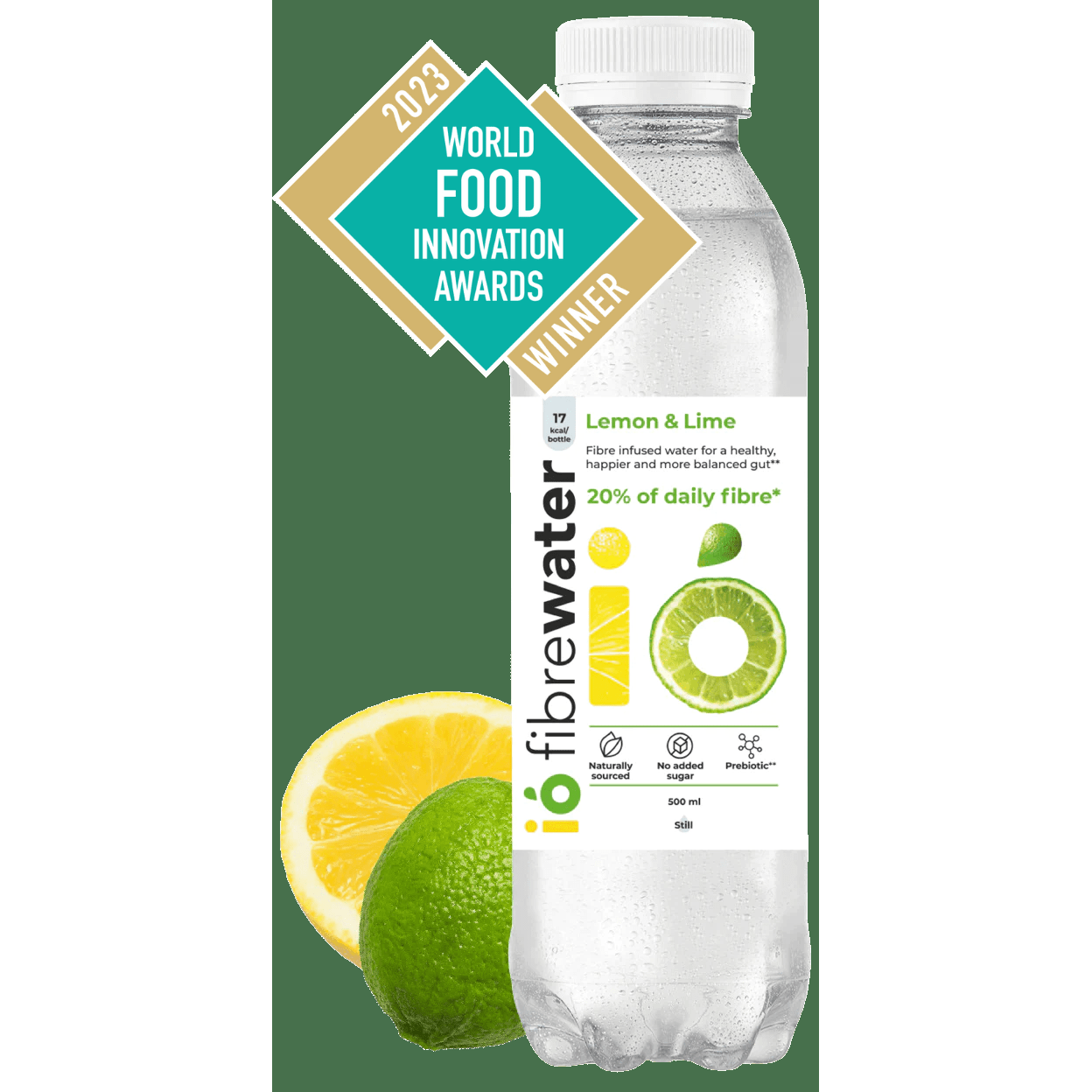 ió Fibrewater 12-Pack - 100% Daily Prebiotics in Lemon & Lime and Strawberry flavors. Vegan-friendly wellness drink for gut health support.