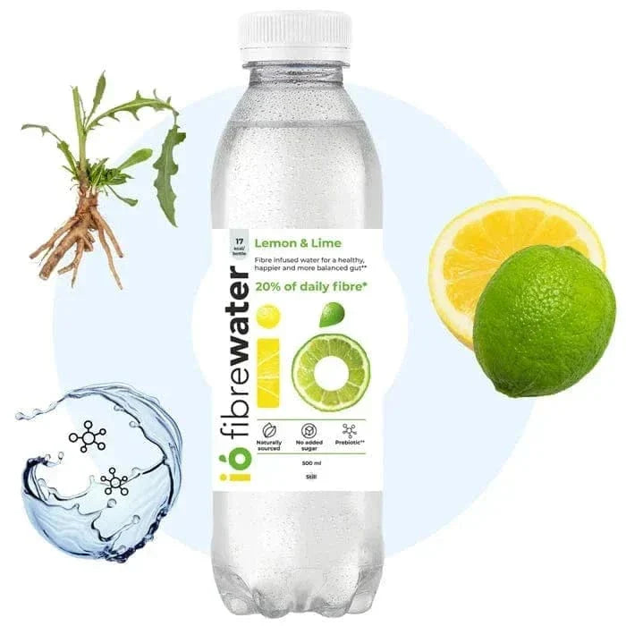 ió Fibrewater 12-Pack - 100% Daily Prebiotics in Lemon & Lime and Strawberry flavors. Vegan-friendly wellness drink for gut health support.