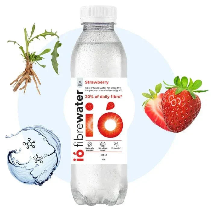 ió Fibrewater 12-Pack - 100% Daily Prebiotics in Lemon &amp; Lime and Strawberry flavors. Vegan-friendly wellness drink for gut health support.