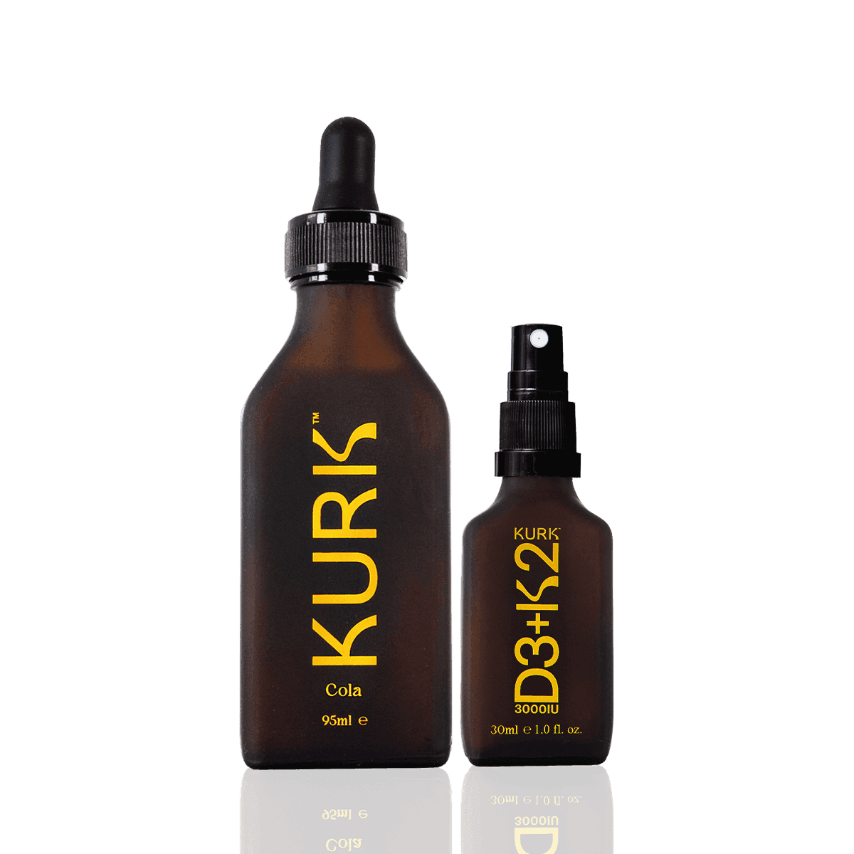 KURK Wellness Bundle - Daily Essentials with liquid curcumin and D3+K2 spray for joint support and immune health in sleek amber bottles.