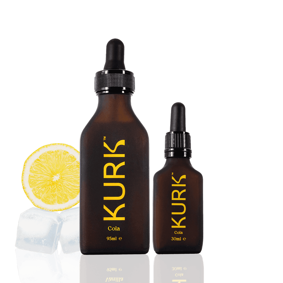 Micellar Curcumin Solution by Kurk in vanilla flavor, shown in 95ml and 30ml amber dropper bottles with vanilla pods and flowers. Ideal for joint, energy, and cognitive wellness.