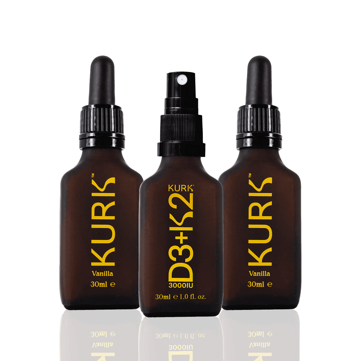 Kurk Wellness Bundle - Balance Vitality with D3+K2 supplement and vanilla drops for joint support, immunity, and inflammation relief.