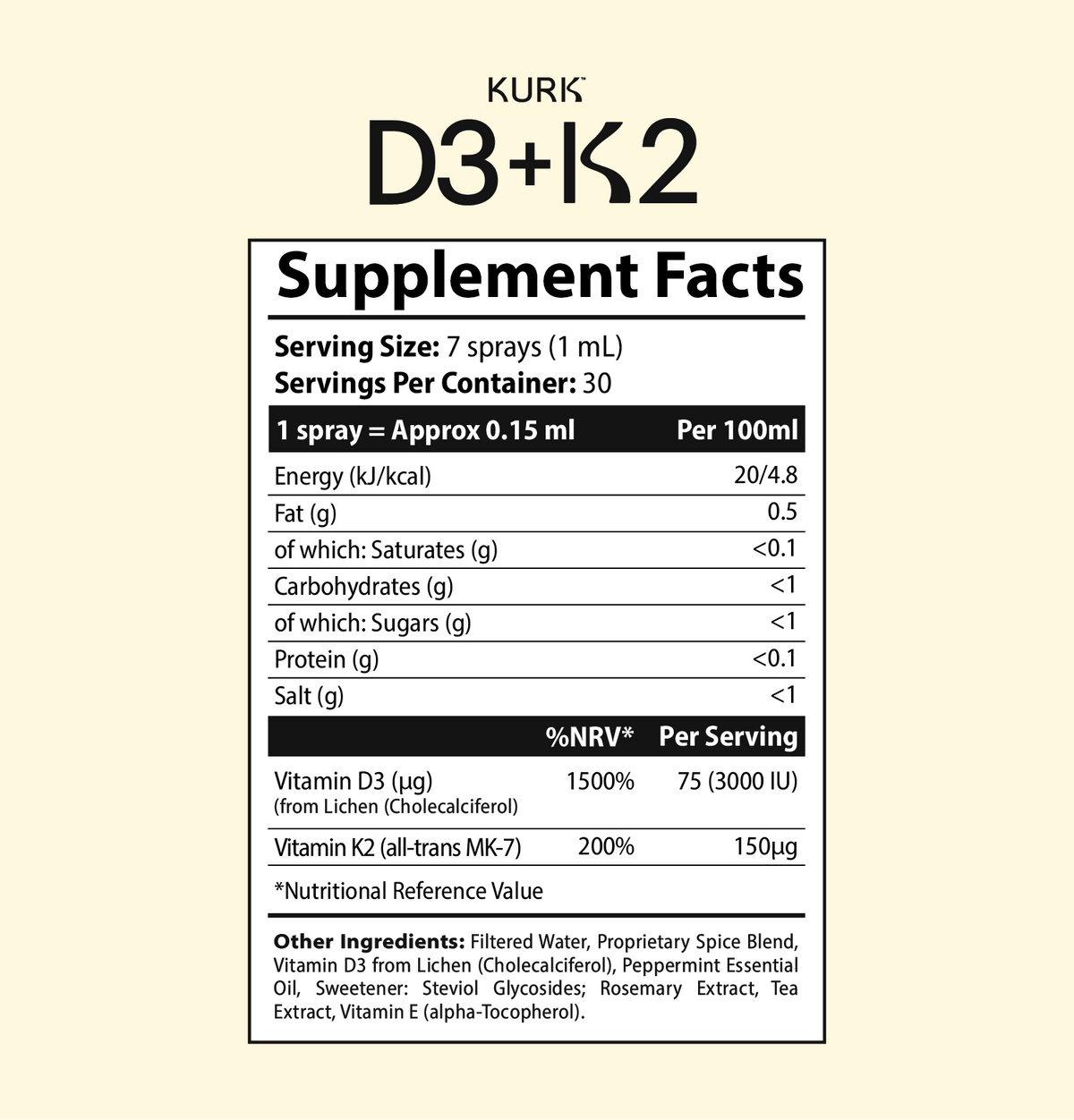 KURK Oral Spray - Vitamin D3 K2 supplement facts label showing dosage per serving and ingredients for bone health and wellness support.