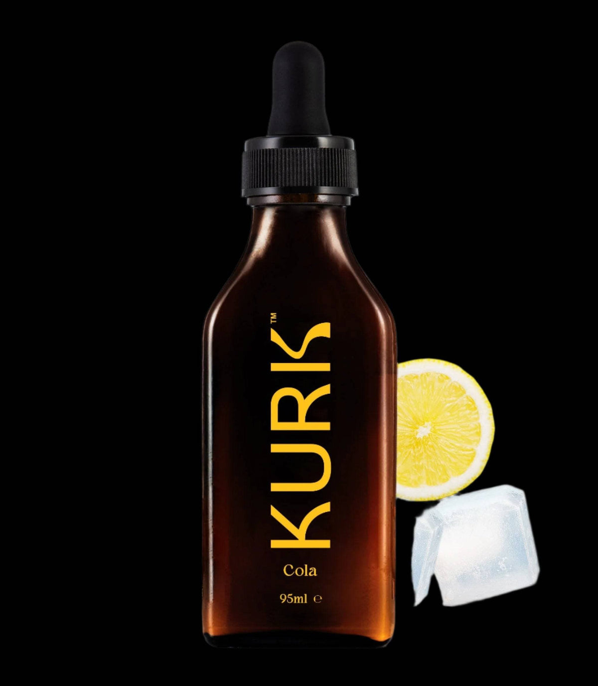 Kurk Cola Super Elixir - Health Booster | Curcumin Formula bottle beside a glass with curcumin infusion and turmeric powder, highlighting modern wellness.