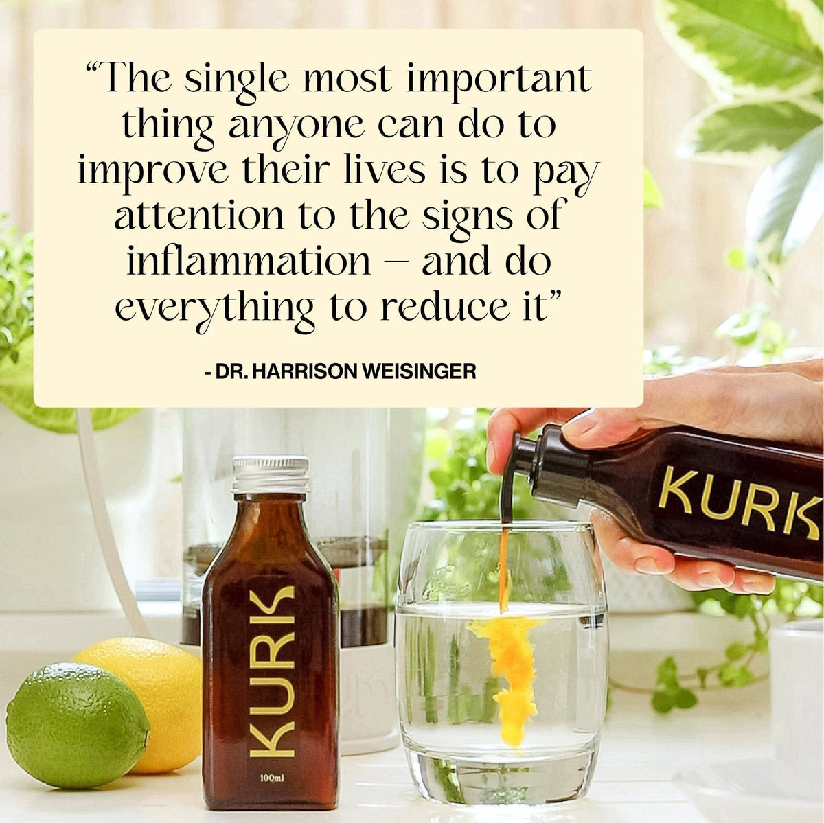 Kurk Cola Super Elixir - Health Booster | Curcumin Formula bottle beside a glass with curcumin infusion and turmeric powder, highlighting modern wellness.