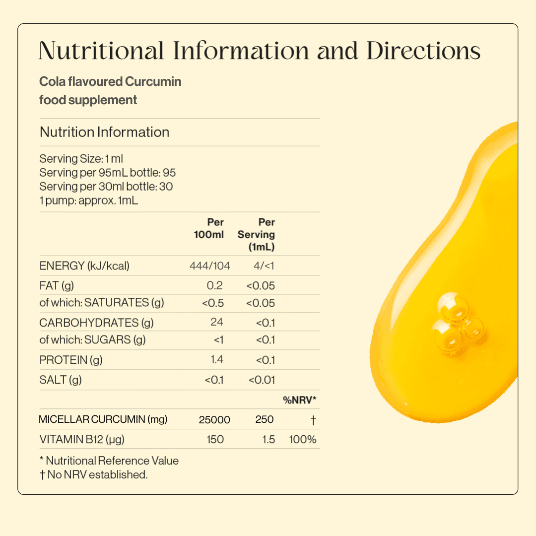 Kurk Cola Super Elixir - Health Booster | Curcumin Formula bottle beside a glass with curcumin infusion and turmeric powder, highlighting modern wellness.