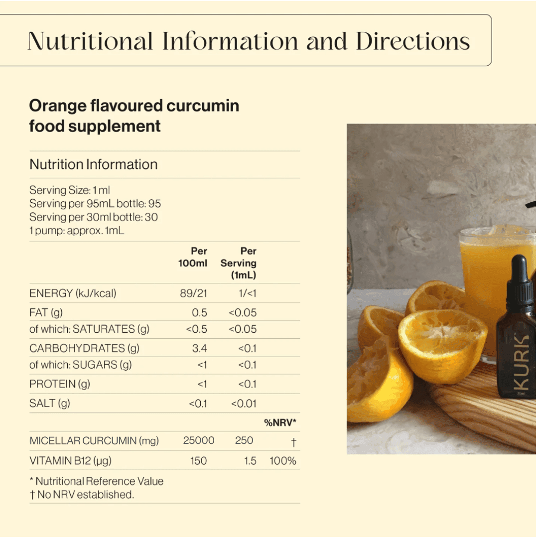 Kurk Immunity Booster - Orange Supplement in 95ml dropper bottle with fresh orange slices, ideal for daily 1ml use to support immune health.