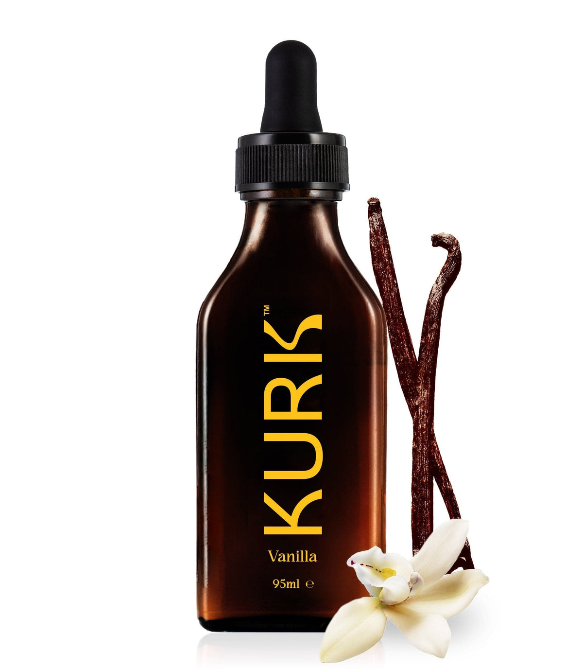 Kurk Vanilla Spread - Family Size 95ml bottle with dropper, shown with vanilla pods and flower for culinary and herbal supplement use.