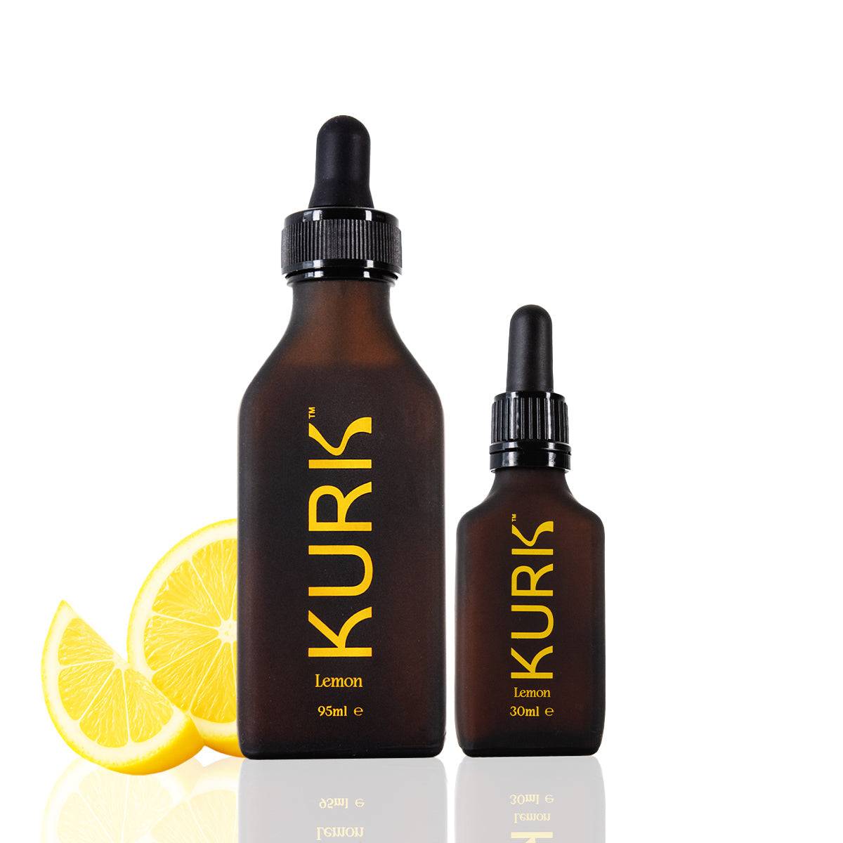 Micellar Curcumin Solution by Kurk in vanilla flavor, shown in 95ml and 30ml amber dropper bottles with vanilla pods and flowers. Ideal for joint, energy, and cognitive wellness.