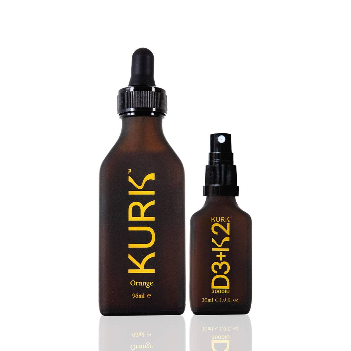 KURK Wellness Bundle - Daily Essentials with liquid curcumin and D3+K2 spray for joint support and immune health in sleek amber bottles.