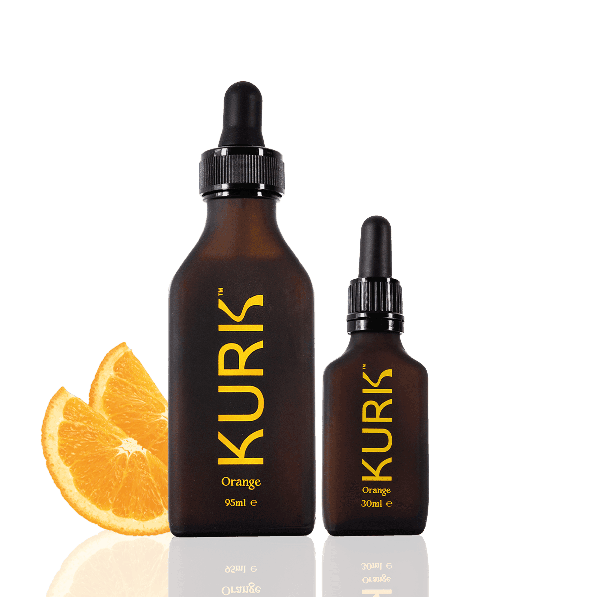 Micellar Curcumin Solution by Kurk in vanilla flavor, shown in 95ml and 30ml amber dropper bottles with vanilla pods and flowers. Ideal for joint, energy, and cognitive wellness.
