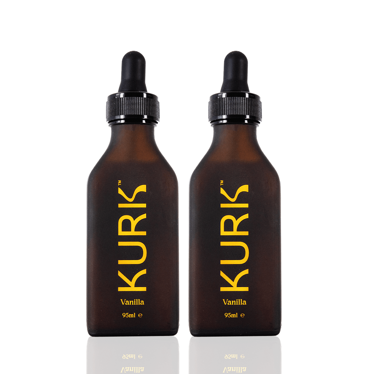 Micellar Curcumin Solution by Kurk in vanilla flavor, shown in 95ml and 30ml amber dropper bottles with vanilla pods and flowers. Ideal for joint, energy, and cognitive wellness.