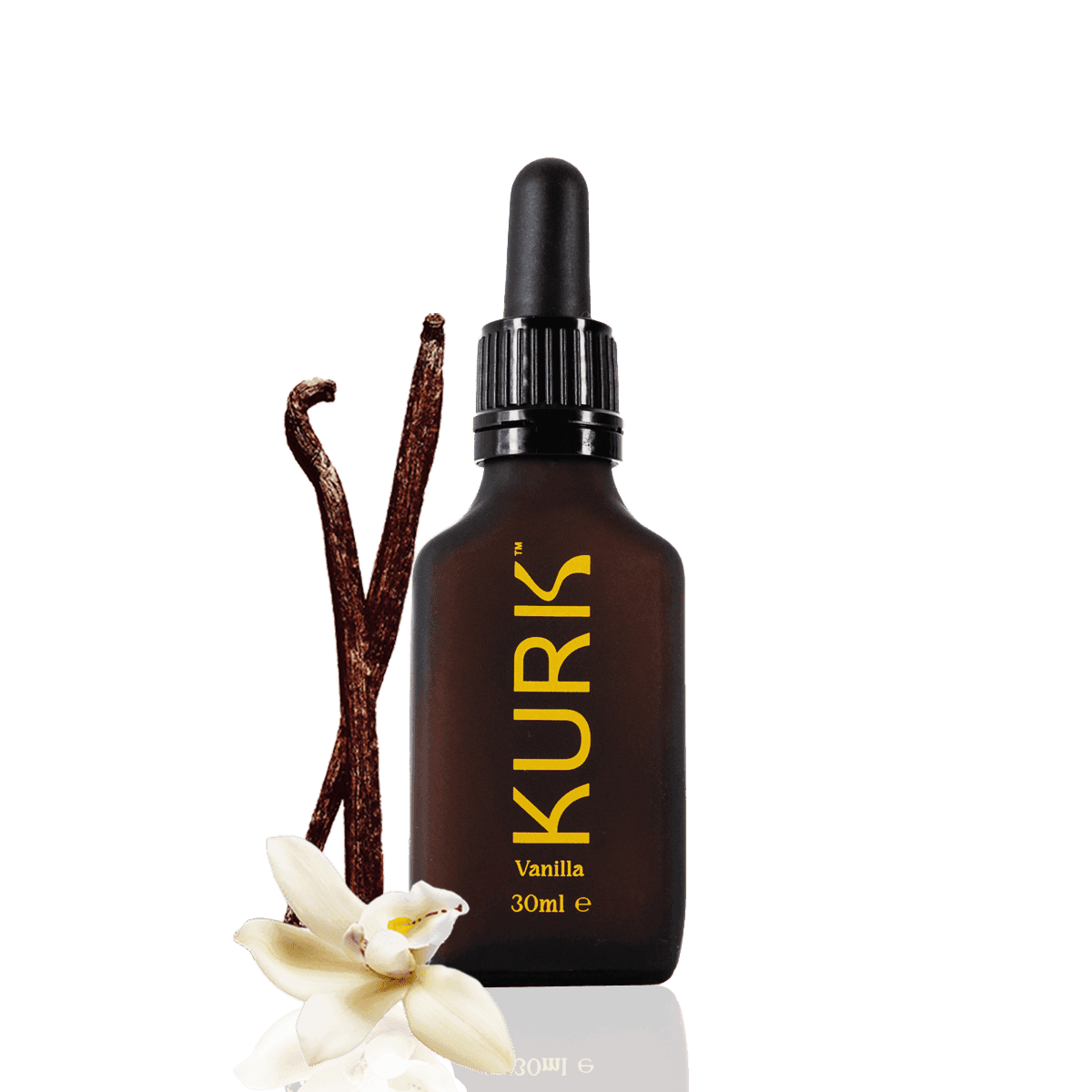 Micellar Curcumin Solution by Kurk in vanilla flavor, shown in 95ml and 30ml amber dropper bottles with vanilla pods and flowers. Ideal for joint, energy, and cognitive wellness.