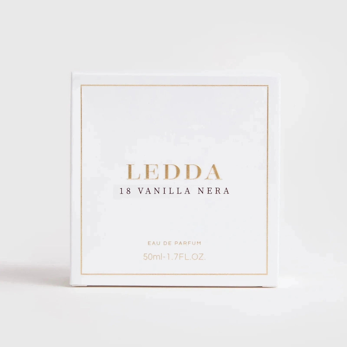 18 Vanilla Nera Eau De Parfum - 50 ML by LEDDA in a clear ribbed glass bottle with gold cap, offering a sweet smoky fragrance blend.