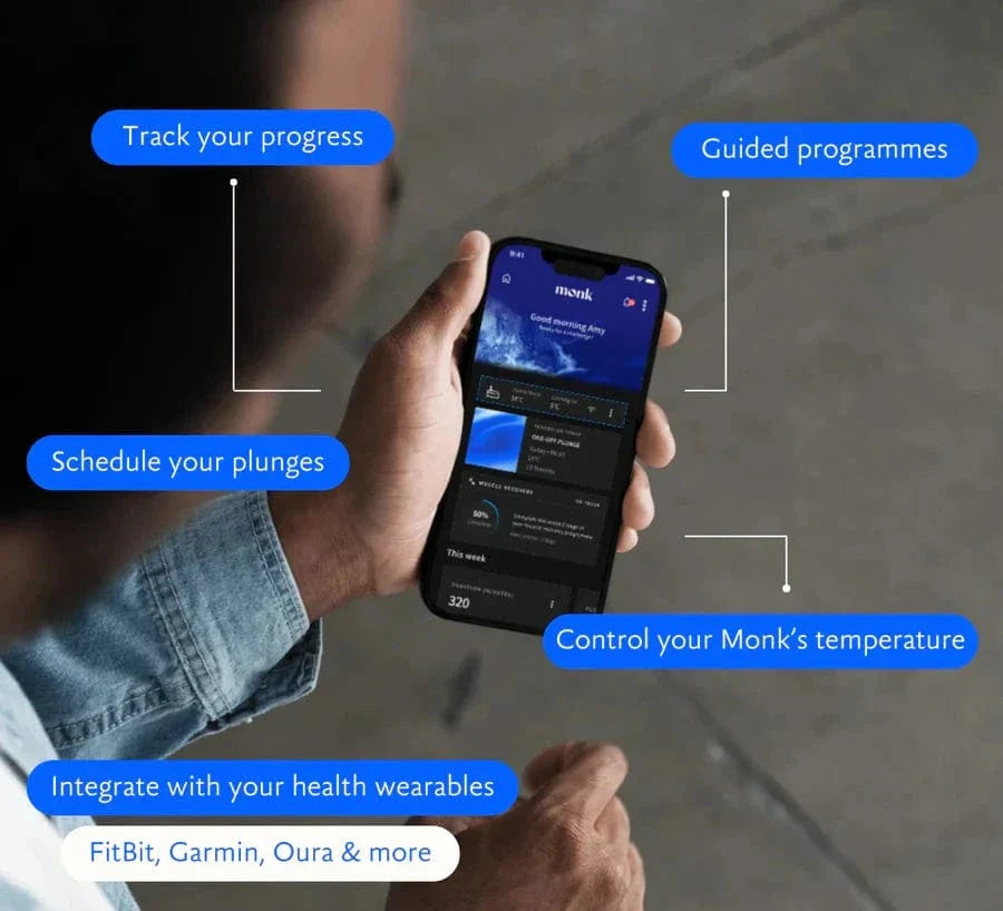 Monk Smart Ice Bath - Smart Ice Bath System | Cold Therapy Tech in modern home gym setting with athlete preparing for cold therapy session.