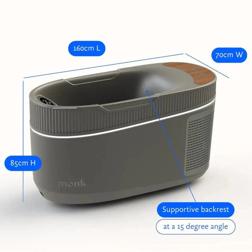 Monk Smart Ice Bath - Smart Ice Bath System | Cold Therapy Tech in modern home gym setting with athlete preparing for cold therapy session.