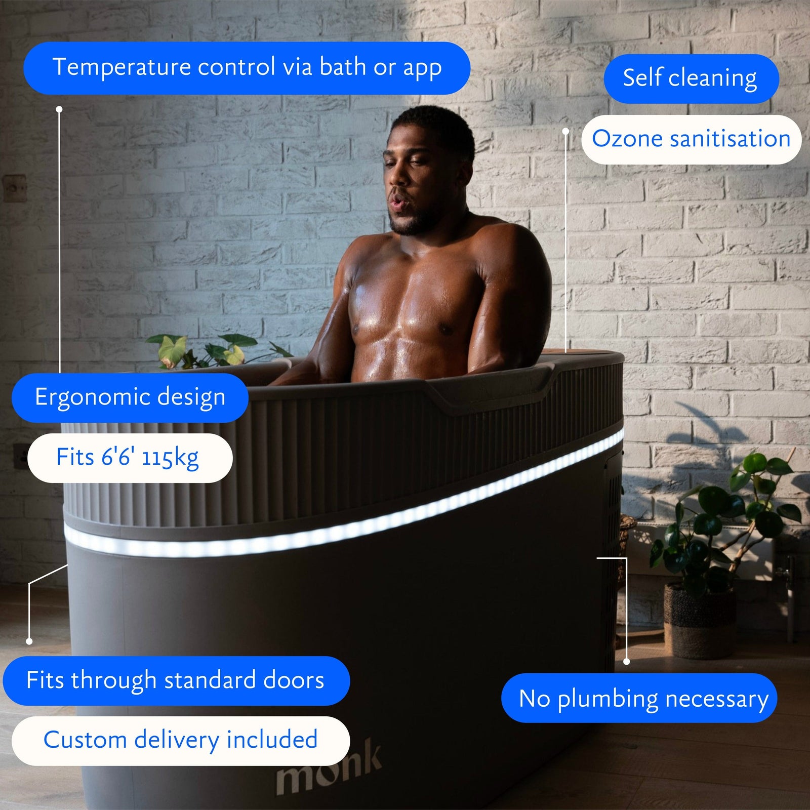 Monk Smart Ice Bath - Smart Ice Bath System | Cold Therapy Tech in modern home gym setting with athlete preparing for cold therapy session.