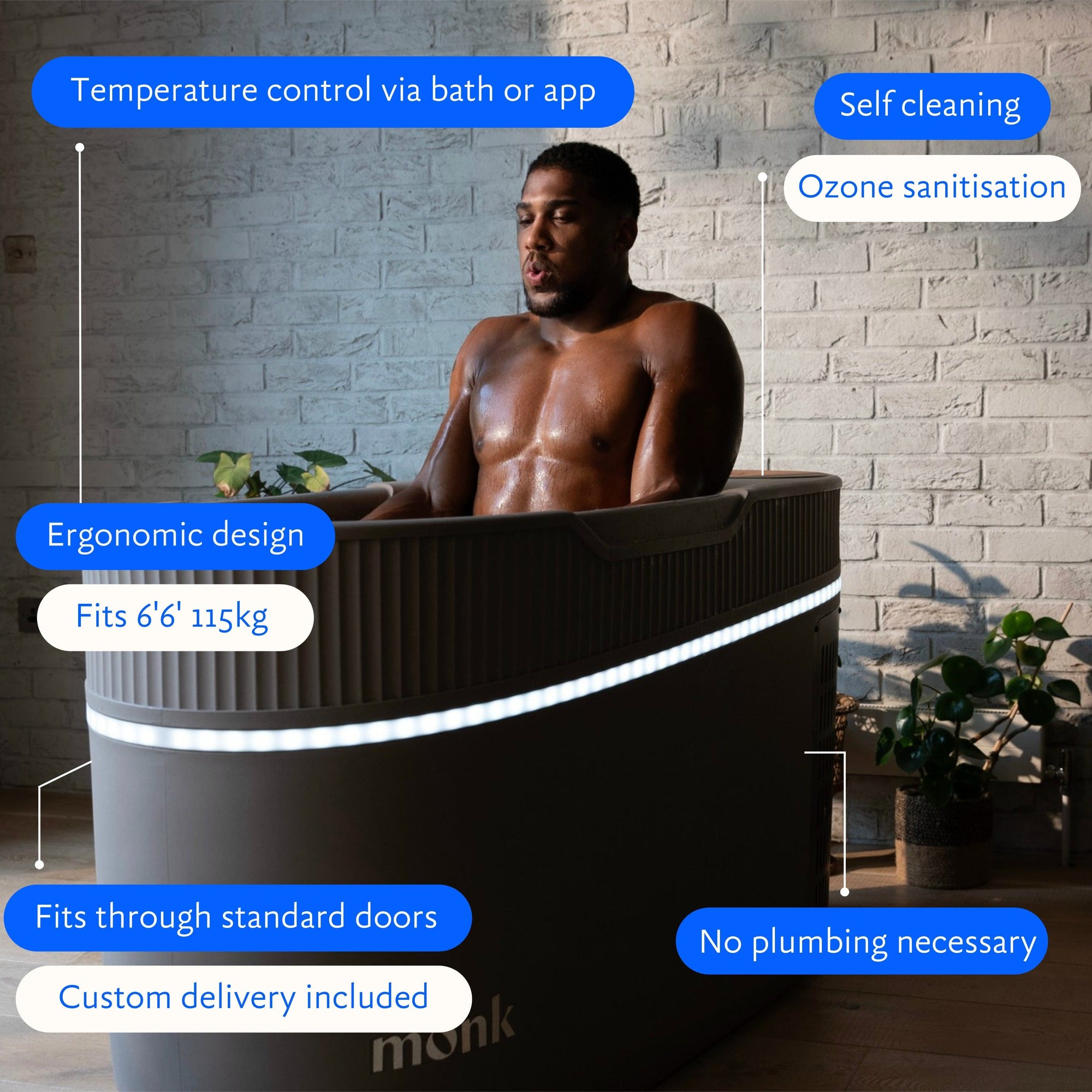 Monk Smart Ice Bath - Smart Ice Bath System | Cold Therapy Tech in modern home gym setting with athlete preparing for cold therapy session.