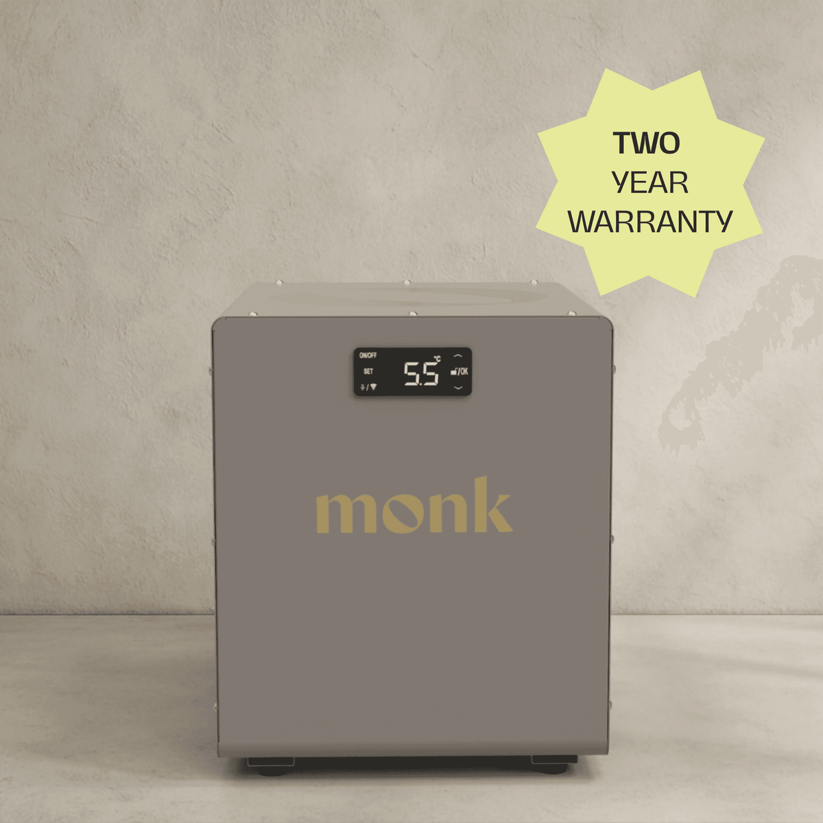 Monk Shiver Chiller - Cold Therapy | Professional-Grade Device for plunge tubs with digital temperature control and two-year warranty badge.