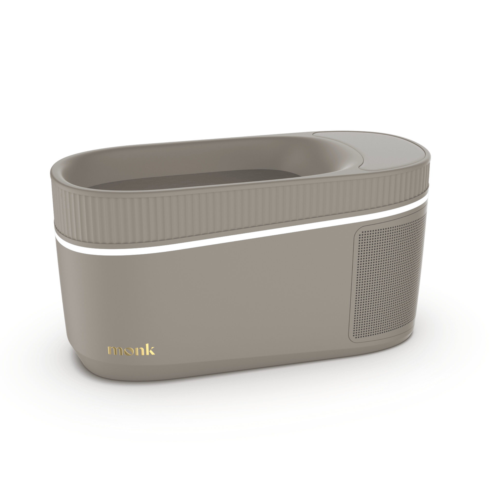 Monk Smart Ice Bath in taupe finish with sleek LED accent, showcasing modern cold therapy tech for home spa recovery and wellness routines.