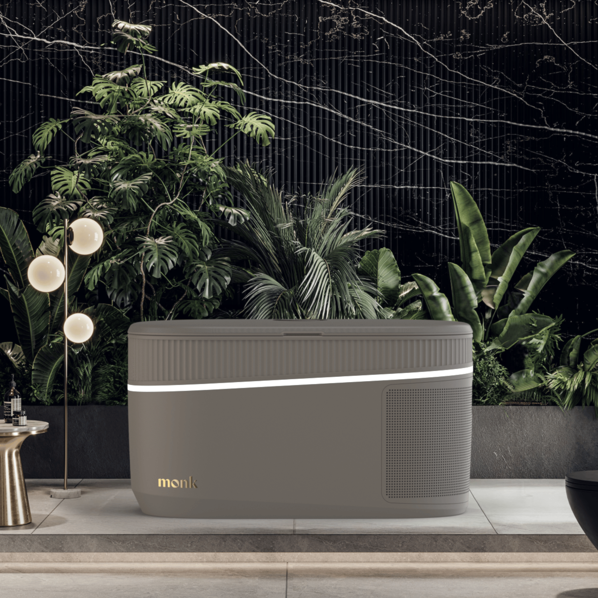 Monk Smart Ice Bath in taupe finish with sleek LED accent, showcasing modern cold therapy tech for home spa recovery and wellness routines.