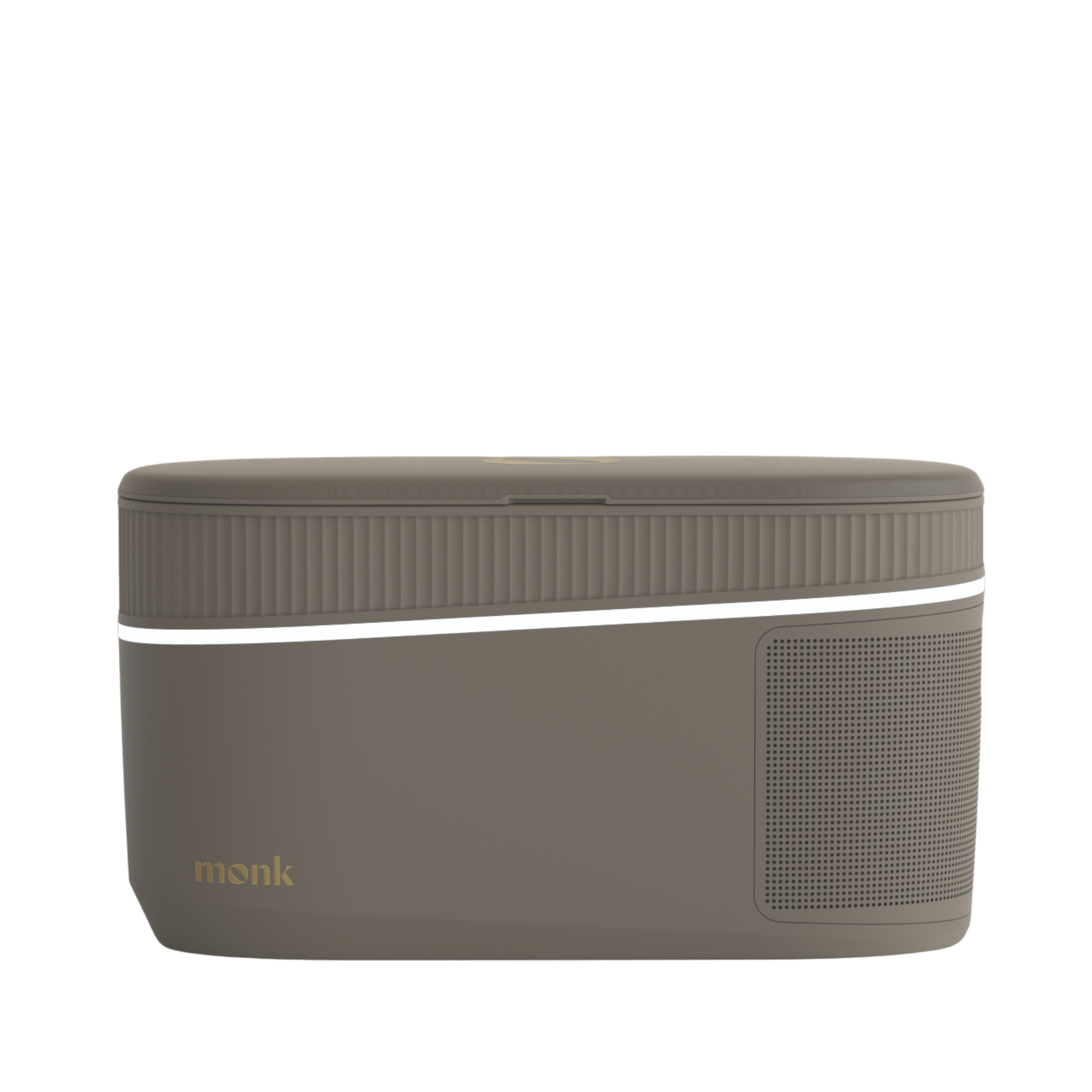 Monk Smart Ice Bath in taupe finish with sleek LED accent, showcasing modern cold therapy tech for home spa recovery and wellness routines.